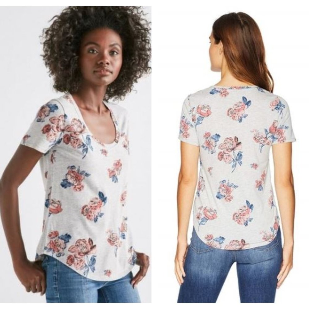 Lucky Brand Allover Rose Gray Floral Tee Shirt